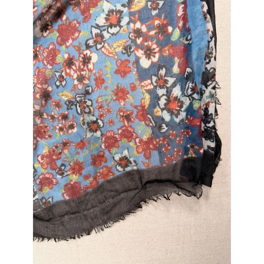 Floral Paneled Lightweight Scarf Blue Red Black Frayed Eyelash Hem Accessory